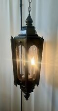 VTG Lantern-Style Hanging Swag Lamp 28”x11” 3 Candle-Style Lights Wood & Metal picture