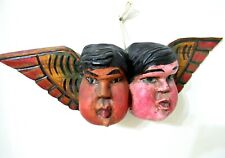 VTG MEXICO GUERRERO CARVED WOOD HP DOUBLE ANGEL HEAD MEXICAN FOLK ART WALL DECOR picture