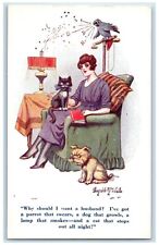 c1910's Pretty Woman With Cat And Puppy Dog Singing Parrott Antique Postcard picture