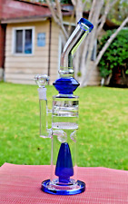 16 Inch Thick Glass Bong Water Smoking Pipe W/ Honeycomb Percolator Blue picture