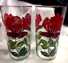 2 VTG 1950's Tumblers Barware Bar Drinking VTG Red Roses on Clear Drinking Glass picture