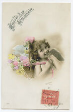 c 1907 Child Children DARLING LITTLE GIRL Cupid w/ Flowers photo postcard picture