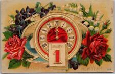 c1910s HAPPY NEW YEAR Embossed Postcard Gold Clock Face / Midnight / Flowers picture