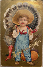 1908 Ben Franklin 1 Cent Stamp Embossed Thanksgiving Postcard Boy Turkey picture