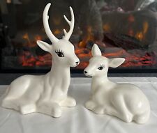 VTG White Ceramic Deer HOLIDAY DECOR Doe&Buck Figurine Sitting Woodland Creature picture