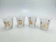 4 Vintage French France Whiskey Tumbler Rocks Glass w/ Gold Tone ACL Graphics picture