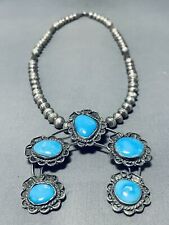 AMAZING VINTAGE NAVAJO 5 KINGMAN TURQUOISE STERLING SILVER HORSESHOE NECKLACE picture