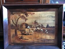 Antique Marquetry Indian Village Harvest Scene OX & Figures wooden wall Folk art picture