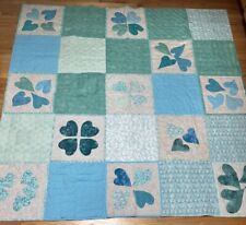 Handmade Vintage Quilt Blue Hearts Shamrock Patchwork Pieced Hand Stitched 79x80 picture