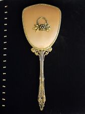 Antique Vtg Hand Held Embossed  Vanity Mirror Victorian Style Brass Aged  picture