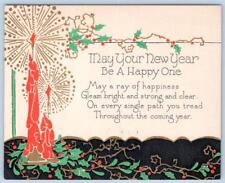 1920-30's ONE SIDED NEW YEARS CARD ART DECO BLACK ORANGE GREEN GOLD CANDLES picture
