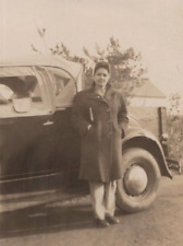 3H Photograph Pretty Older Middle Aged Woman Posing Roadside Old Car 1930's picture
