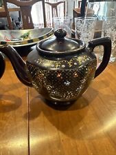 Vintage Brown Betty Redware Teapot Made in Japan Moriage Enamel Hand Painted picture