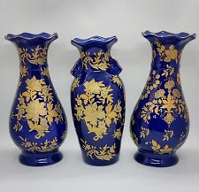 Vintage Cobalt Blue & Gold Vases | Set of 3 | Stamped Floral Chinese | Ceramic picture