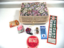 Vintage Wicker Sewing Basket, Snaps, 1915 Singer Calendar, Old Needle Books picture