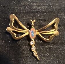 VTG Dragonfly Lapel Hat Jacket Pin Gold Color Metal Irridescent Colors picture
