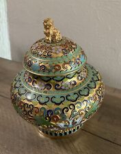 Vintage Chinese Cloisonné Gilt Brass Lidded Jar With Foo Dog Finial Gold Blue picture