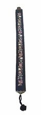 Antique Needlepoint Bell Pull  Blue + Rose Flowers Brass Hardware Vintage 71” picture