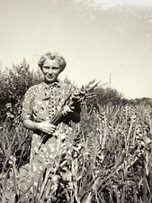 (AaE) FOUND PHOTO Photograph Beautiful Blonde Woman Picking Flowers Artistic B&W picture