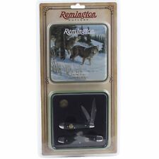 Remington Timber Wolves Peanut Stockman Knife Gift Set Tin Black Green Micarta picture