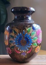 8 inch Vintage Wood Vase Artisan Folk Art Hand Painted  picture