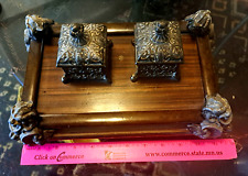 Antique metal and wood double inkwells with gargoyles on each corner picture