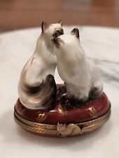 Rare Limoges France Peint Main Siamese Cats Porcelain Trinket Box  picture