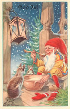 God Yul Swedish Christmas Postcard Curt Nystrom Tomte Gnome & Cats Eat Porridge picture