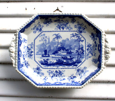 Minton Chinese Marine Opaque China Footed Tray Handles Blue White Antique 1830s picture