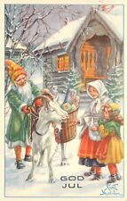 God Yul Swedish Christmas Postcard Curt Nystrom Gnome Santa Brings Gifts by Goat picture