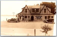 Vtg Arnolds Park Iowa IA Oak Hill Gas Station Cafe Old Cars 1930s RPPC Postcard picture