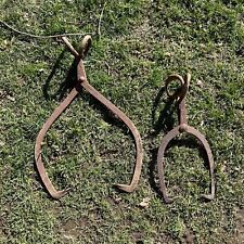 Antique Cast Iron Ice Tongs Tool Set Of 2 Brown Small Large Turn Of The Century picture