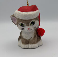 Christmas Cat Bell “Critter Bell” Santa Hat Porcelain 2. 5in Jasco Vintage 70’s picture