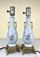 Vintage Pair Of 2 Porcelain Lamps Blue Gray Floral Gold Tone Art Deco 12.5” Flaw picture