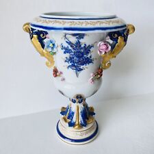 RARE Vtg Mangani Italy Porcelain Cobalt Gold Urn Vase Applied Fruit Flowers picture