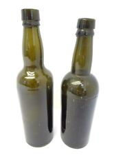 Antique Olive Green Applied Top Bubble Glass Beer Bottles Lot of Two Used Old picture