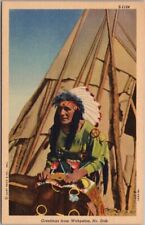WAHPETON, North Dakota Postcard Indian Man at Tepee / Curteich Linen 1947 Unused picture