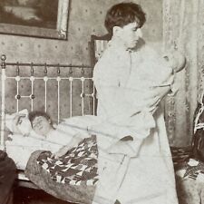 Antique 1899 Man Holds Screaming Baby Stereoview Photo Card P3966 picture