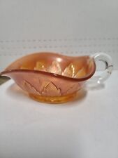Vintage Dugan Carnival Glass Iridescent Orange Marigold One Handle Leaf Dish picture