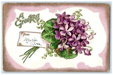 c1910's Greeting Purple Flowers Embossed Barney Iowa IA DPO Antique Postcard picture