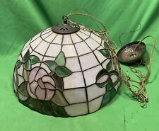 VTG Tiffany Style Stained Glass Hanging Light / Lamp Shade Floral Design 16” Di picture