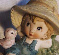 Vintage Lefton China Bisque Country Boy In Straw Hat & Pink Bird Hand Painted  picture