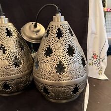 2 VINTAGE Indian MOROCCON STYLE punched Metal Pendant Lamps Silver 14” picture