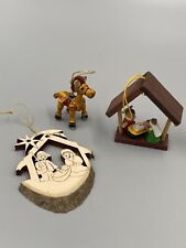 Vintage Set Of 3 Wooden Ornaments W/ Mini Nativity Scene  Manger & Horse Pony picture