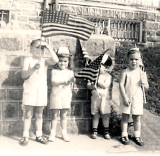WWII Era Children American Flags Beanie Hats Patriotic Parade Snapshot Photo picture
