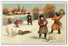 c1910's Christmas Children Snowball Fight Gel Gold Gilt Norway Antique Postcard picture