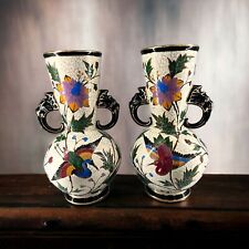 Vintage Pair Signed Porcelain Mantle Vase Elephant Handles Birds Flowers 13” picture
