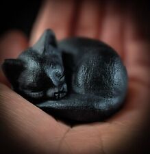 Natural Obsidian Cat Statue Handcrafted Black Crystal Sleeping Kitten picture