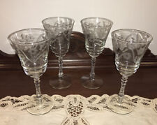 LIBBEY ROCK SHARPE VTG  MID CENTURY WINE GLASS LOT OF 4 ETCHED FLORAL 7-3/4” EUC picture