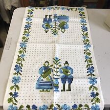 1960's Pure Linen Kitchen Towel Dish Pennsylvania Dutch Couple Blue Olive Green picture